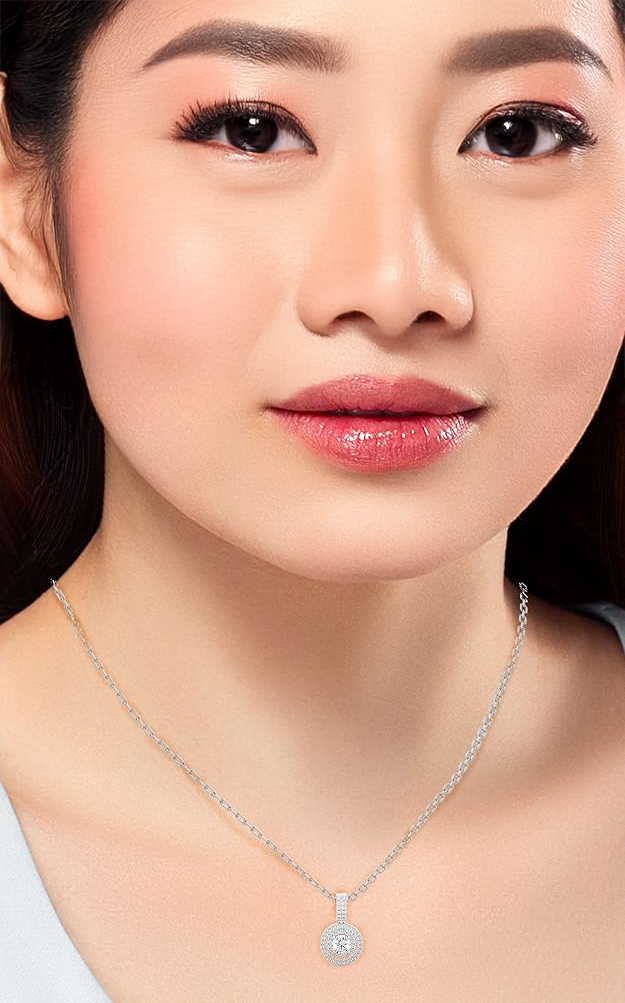 Diamond Double Halo Pendant Necklace in white gold 14k